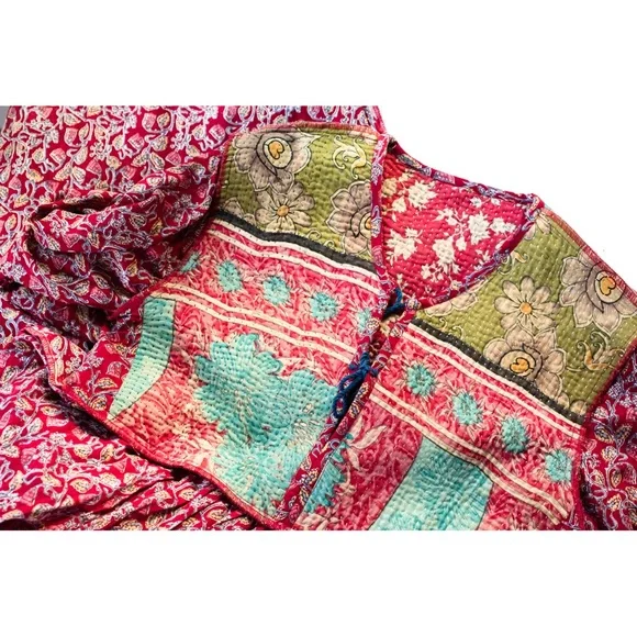 Indian Boho Block Print Hand Stitched Red Kantha Bodice Maxi Dress Sz Small - Picture 4 of 11